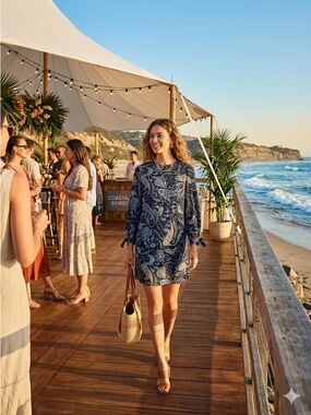 H&M Navy Blue Paisley Shift Dress Tie sleeve - Size 4 - EUC